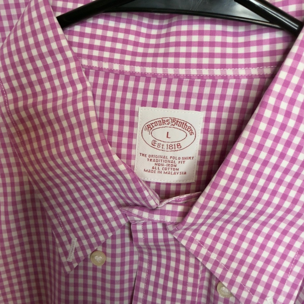 Brooks Brothers Non-Iron Gingham Shirt Mens L Fuchsia White Traditional Fit Polo - Picture 3 of 10